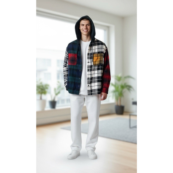 Men{s Urban Outfitters Flannel Plaid Button Front Shirt Sz Small Hooded Shacket - Picture 2 of 7